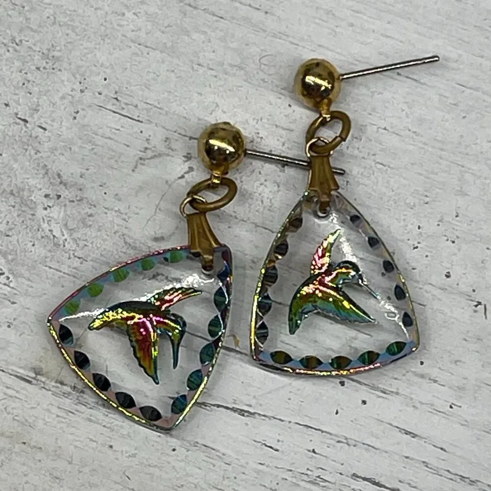Glass Hummingbird Drop Dangle Earrings Hand-Painted Iridescent Design
